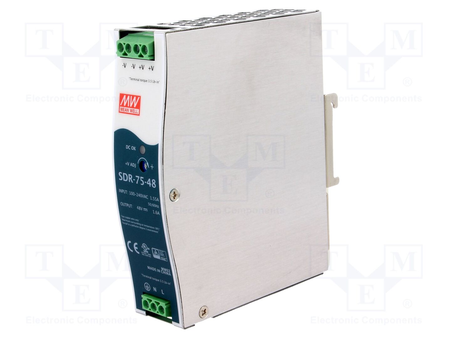 MEAN WELL SDR-75-48 DIN-kiskoon asennettava kytkentäsähkönsyöttö 48VDC 1.6A
