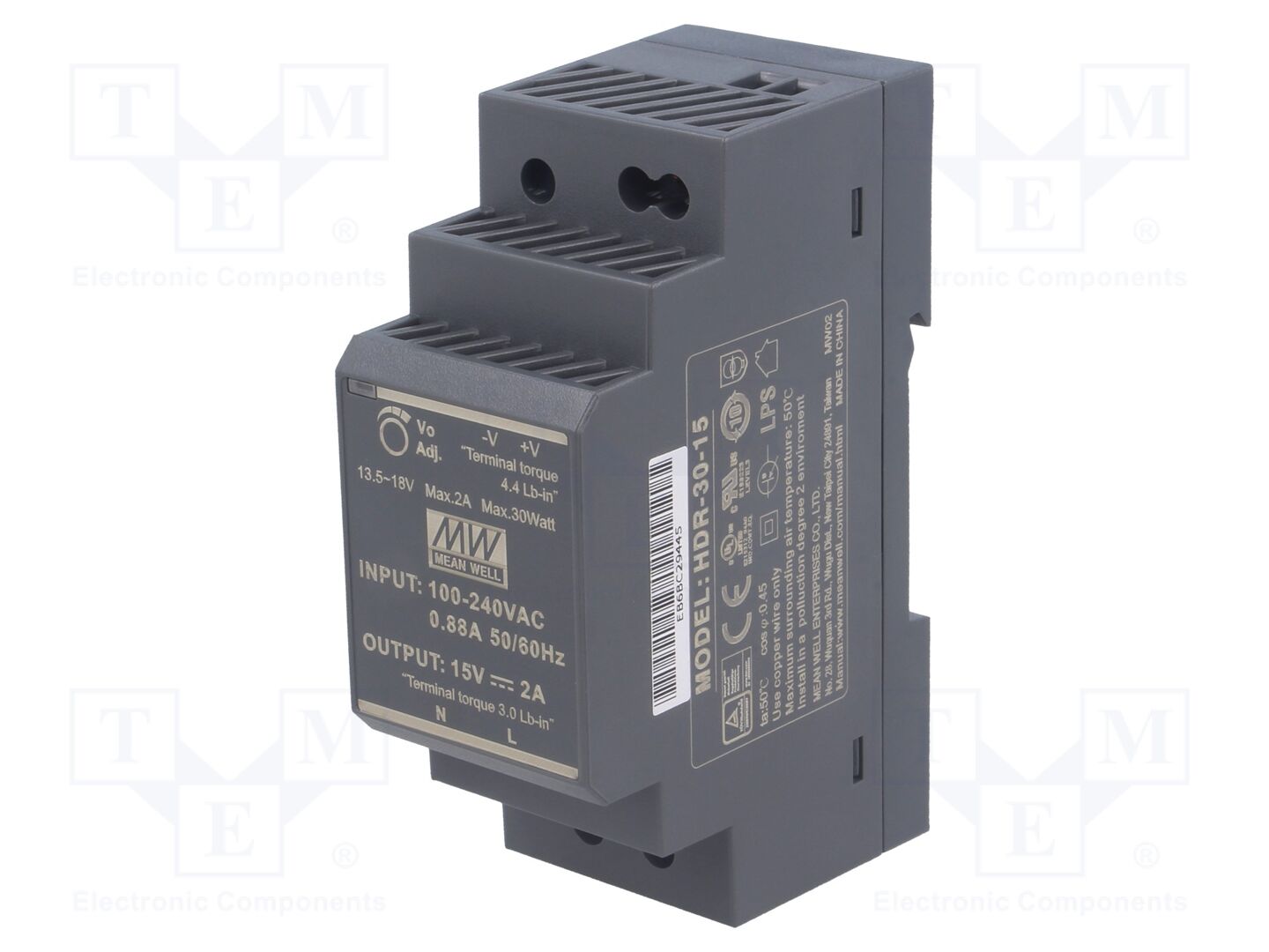 MEAN WELL HDR-30-15 DIN-kiskoon kiinnitettävä kytkentävirtalähde 30W 15VDC 2A