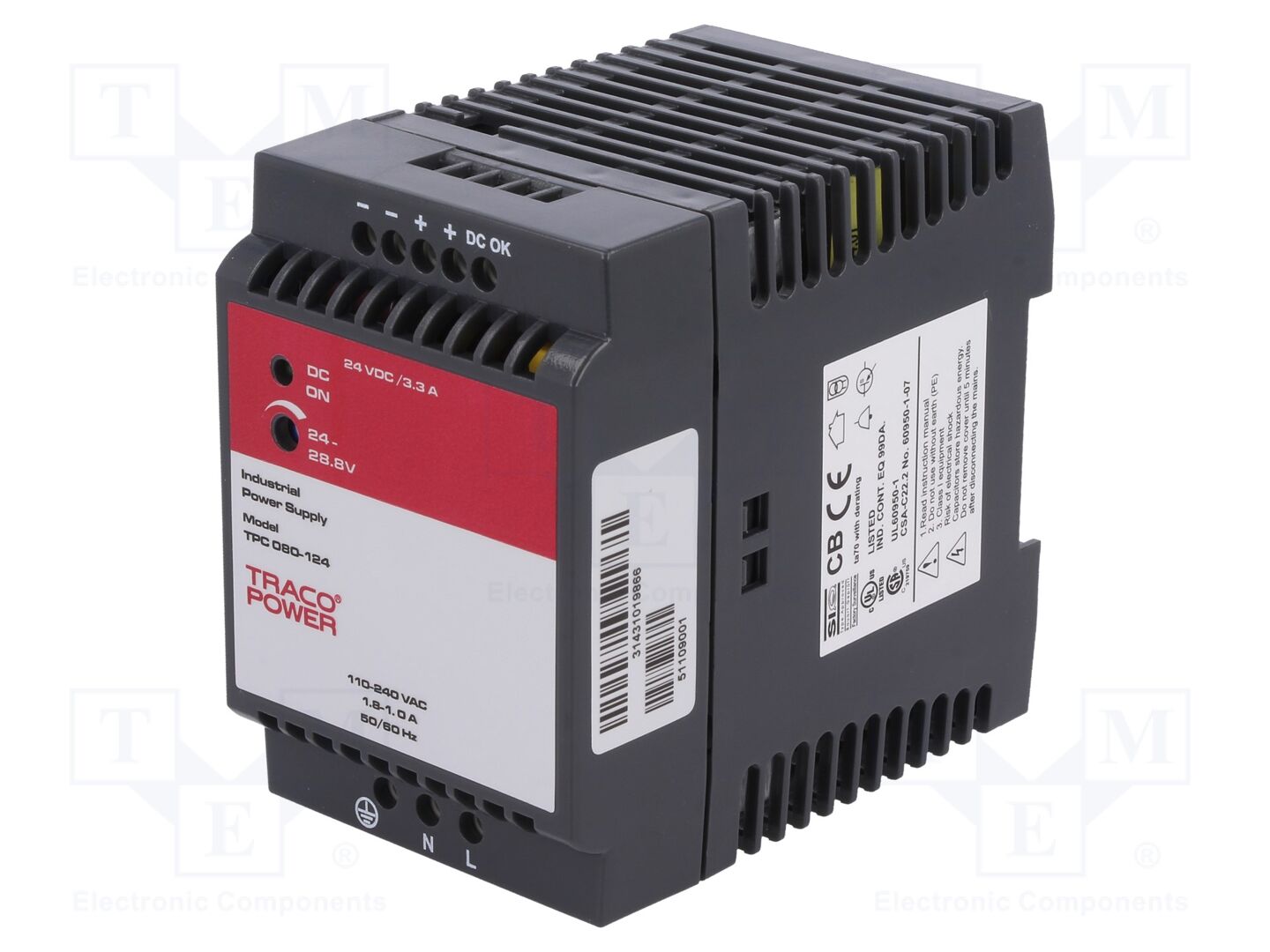 TRACO POWER TPC080-124 DIN-kiskoon asennettava kytkentäsähkönsyöttö 80W 24VDC