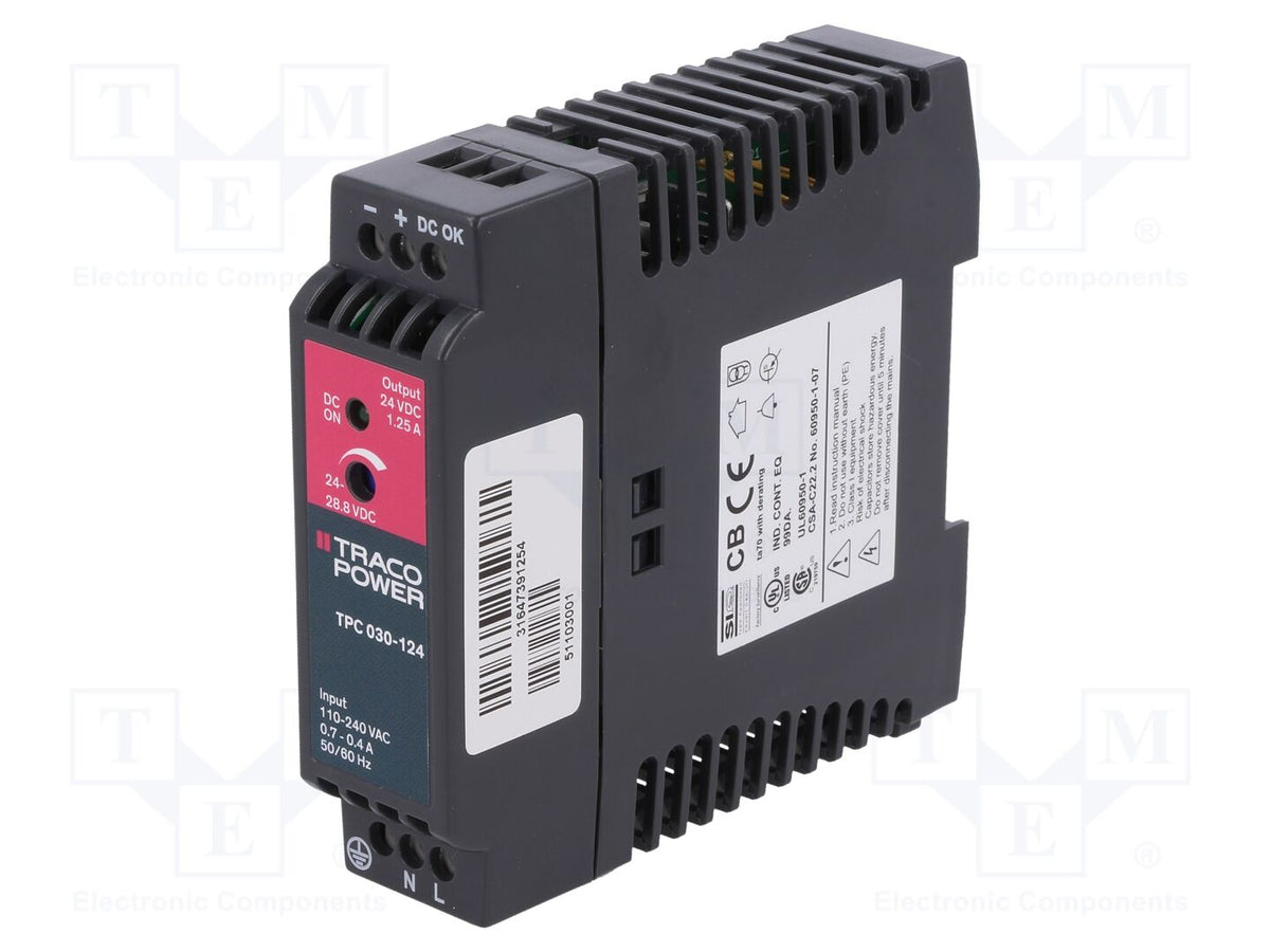 TRACO POWER TPC030-124 DIN-kiskoon asennettava kytkentäsähköinen virtalähde 30W 24VDC