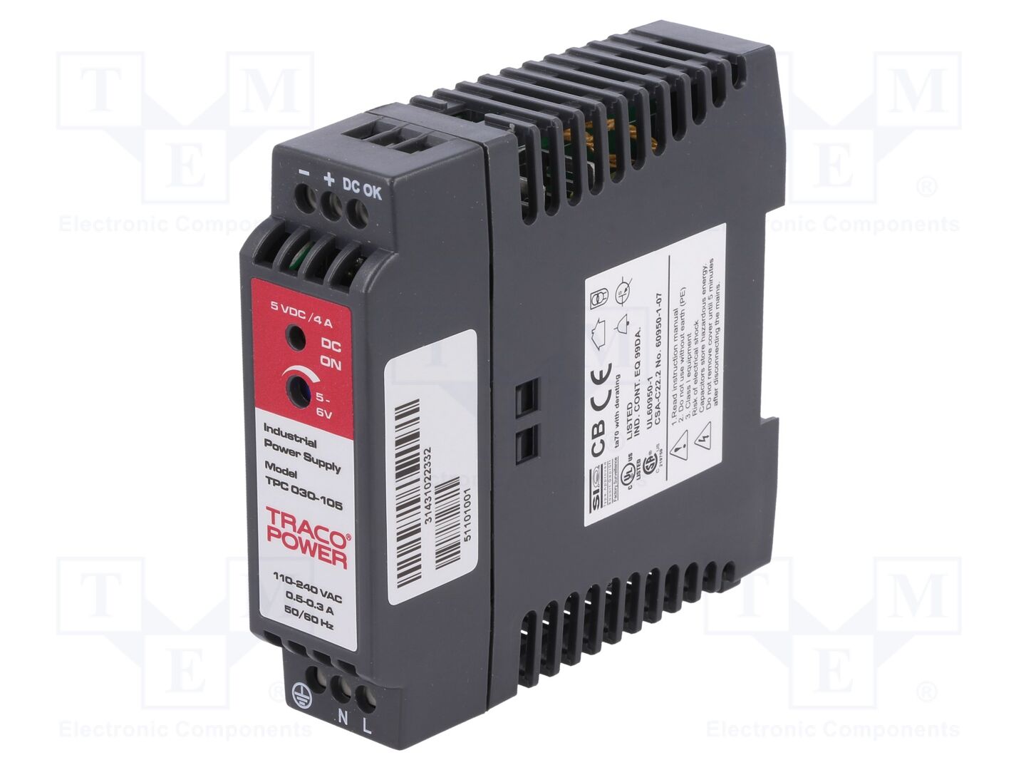 TRACO POWER TPC030-105 DIN-kiskoon asennettava kytkentäsähköinen virtalähde 20W 5VDC 4A