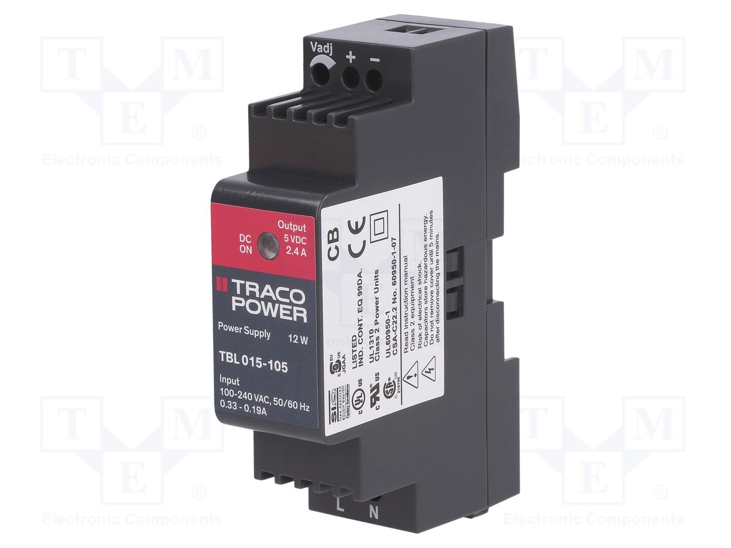 TRACO POWER TBL015-105 DIN-kiskoon asennettava kytkentäsähkönsyöttö 12W 5VDC 2,4A