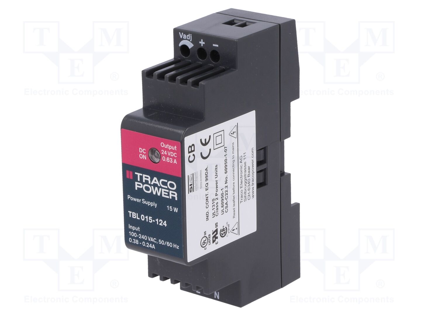 TRACO POWER TBL015-124 DIN-kiskolle asennettava kytkentäsähkönsyöttö 15W 24VDC