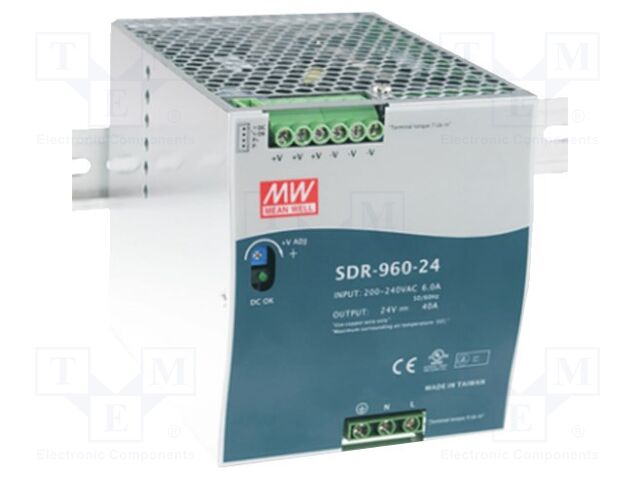 MEAN WELL SDR-960-48 DIN-kiskoon asennettava kytkentävirtalähde 960W 48VDC 20A