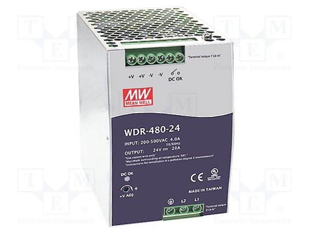 MEAN WELL WDR-480-24 DIN-kiskoon asennettava kytkentävirtalähde 480W 24VDC 20A