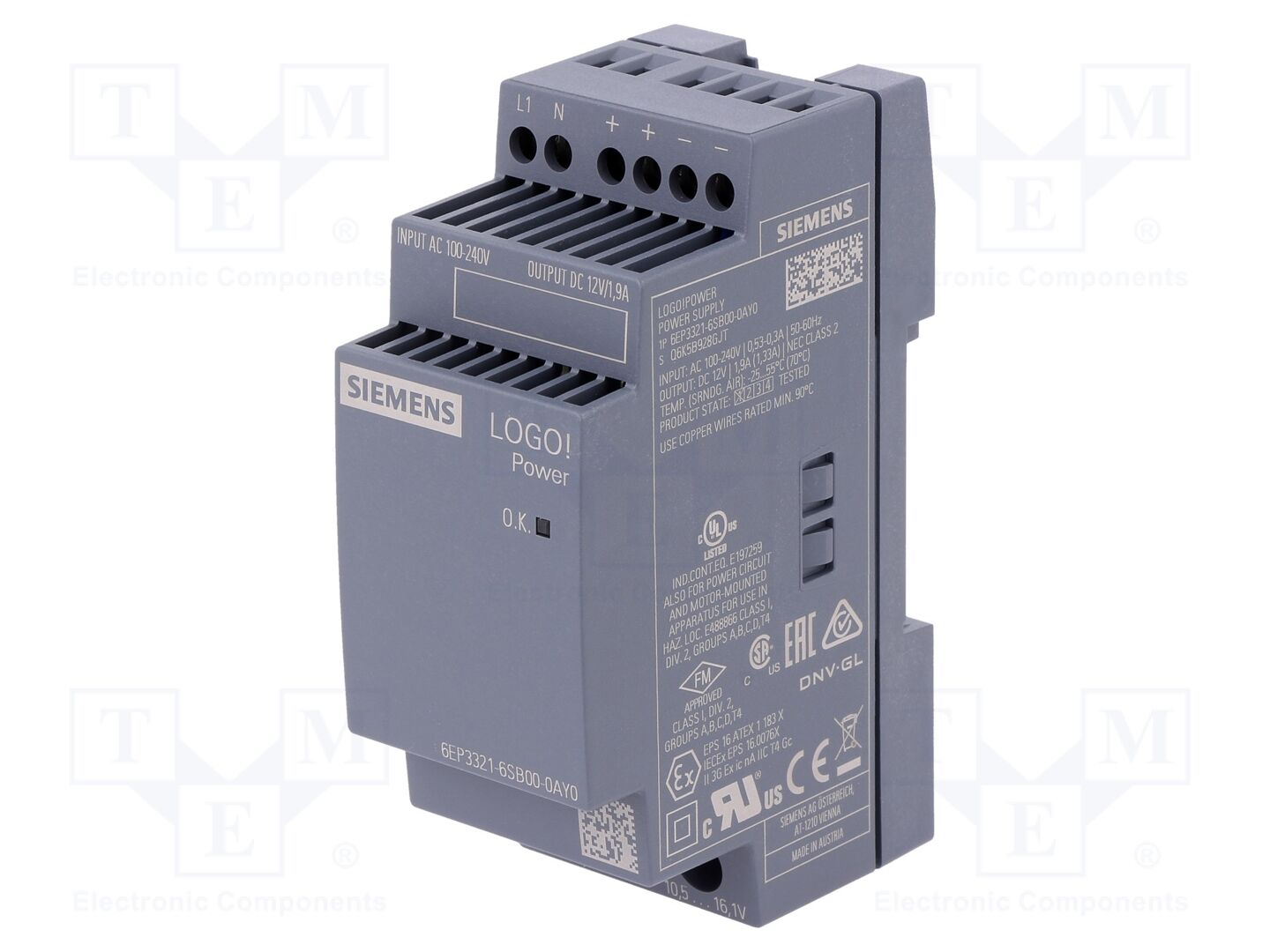 SIEMENS 6EP3321-6SB00-0AY0 DIN-kiskoon asennettava kytkentävirtalähde 12VDC 1.9A