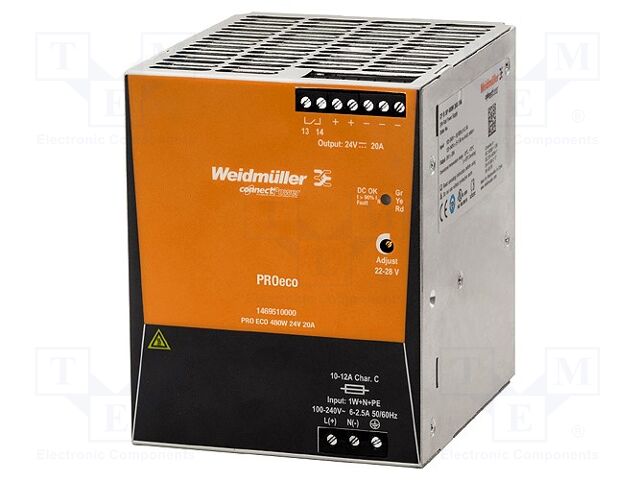 WEIDMÜLLER PROECO-480W24V20A DIN-kiskokytketty kytkentävirtalähde 480W 24VDC 20A