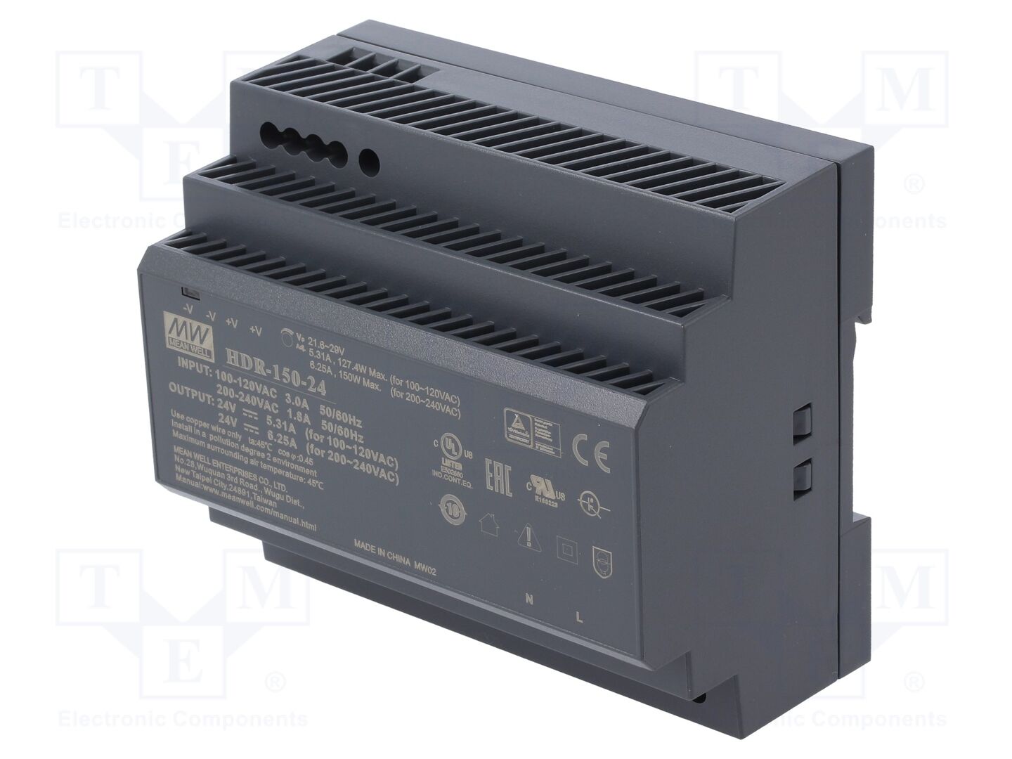 MEAN WELL HDR-150-24 DIN-kiskoon asennettava kytkentävirtalähde 150W 24VDC 6,25A