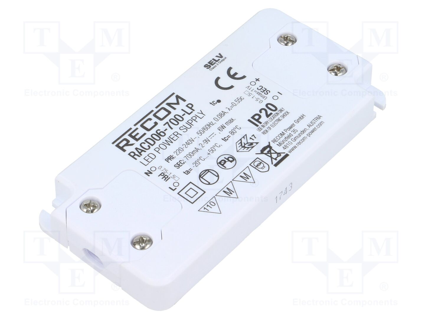 RECOM RACD06-700-LP LED-virtalähde 6W 700mA 2-9VDC