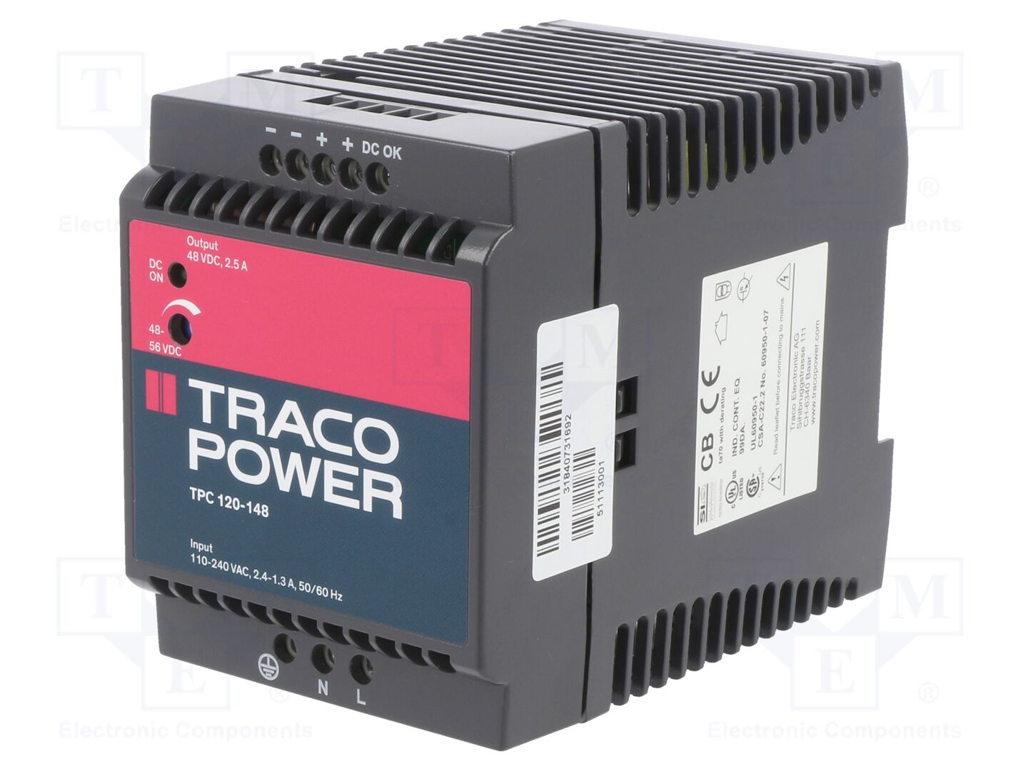 TRACO POWER TPC120-148 DIN-kiskoon asennettava kytkentäsähköinen virtalähde 120W 48VDC