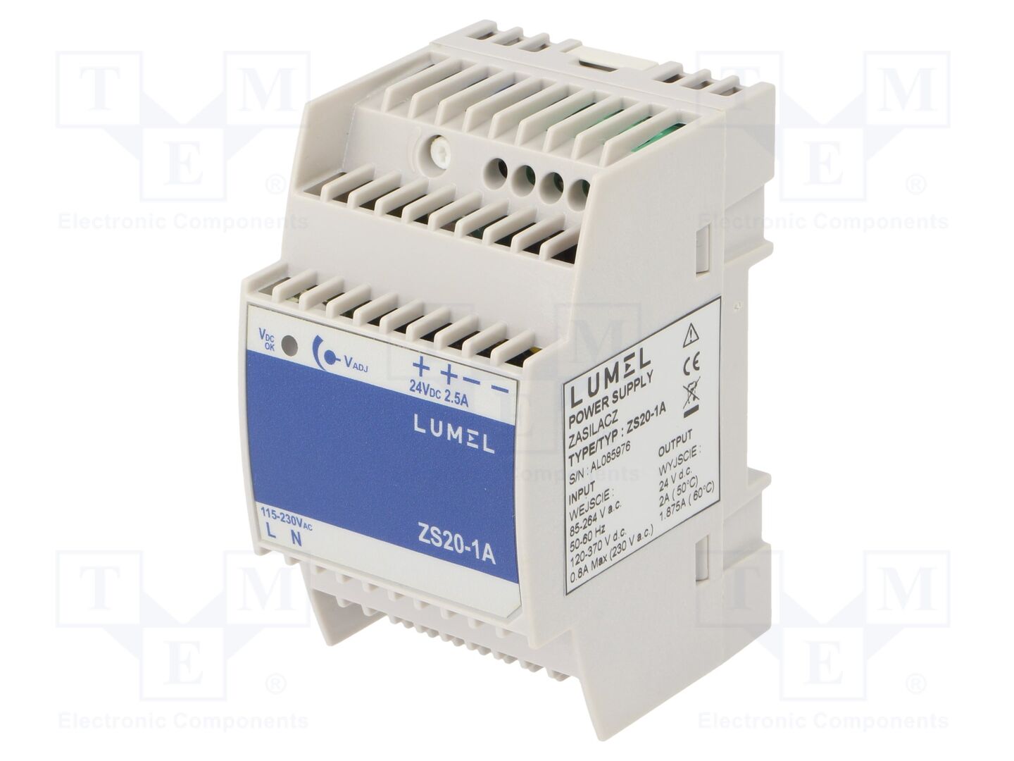 LUMEL ZS20-1A DIN-kiskoon asennettava kytkentäsähkönsyöttö 60W 24VDC