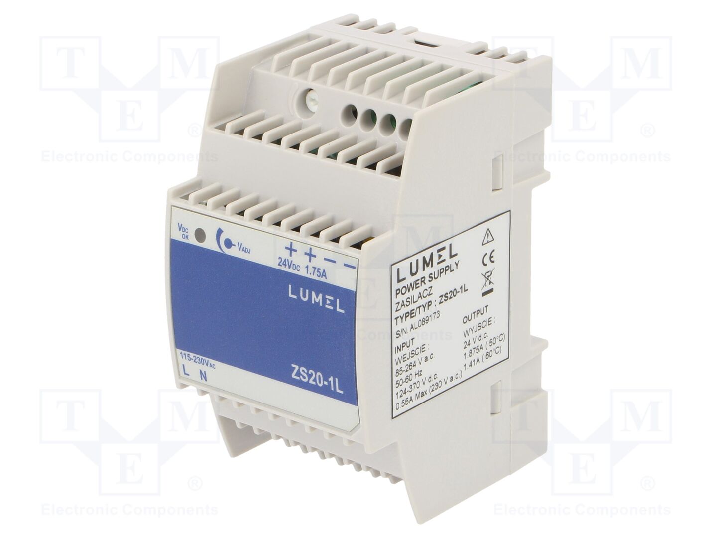 LUMEL ZS20-1L DIN-kiskoon asennettava kytkentäsähkönsyöttö 45W 24VDC 1.75A