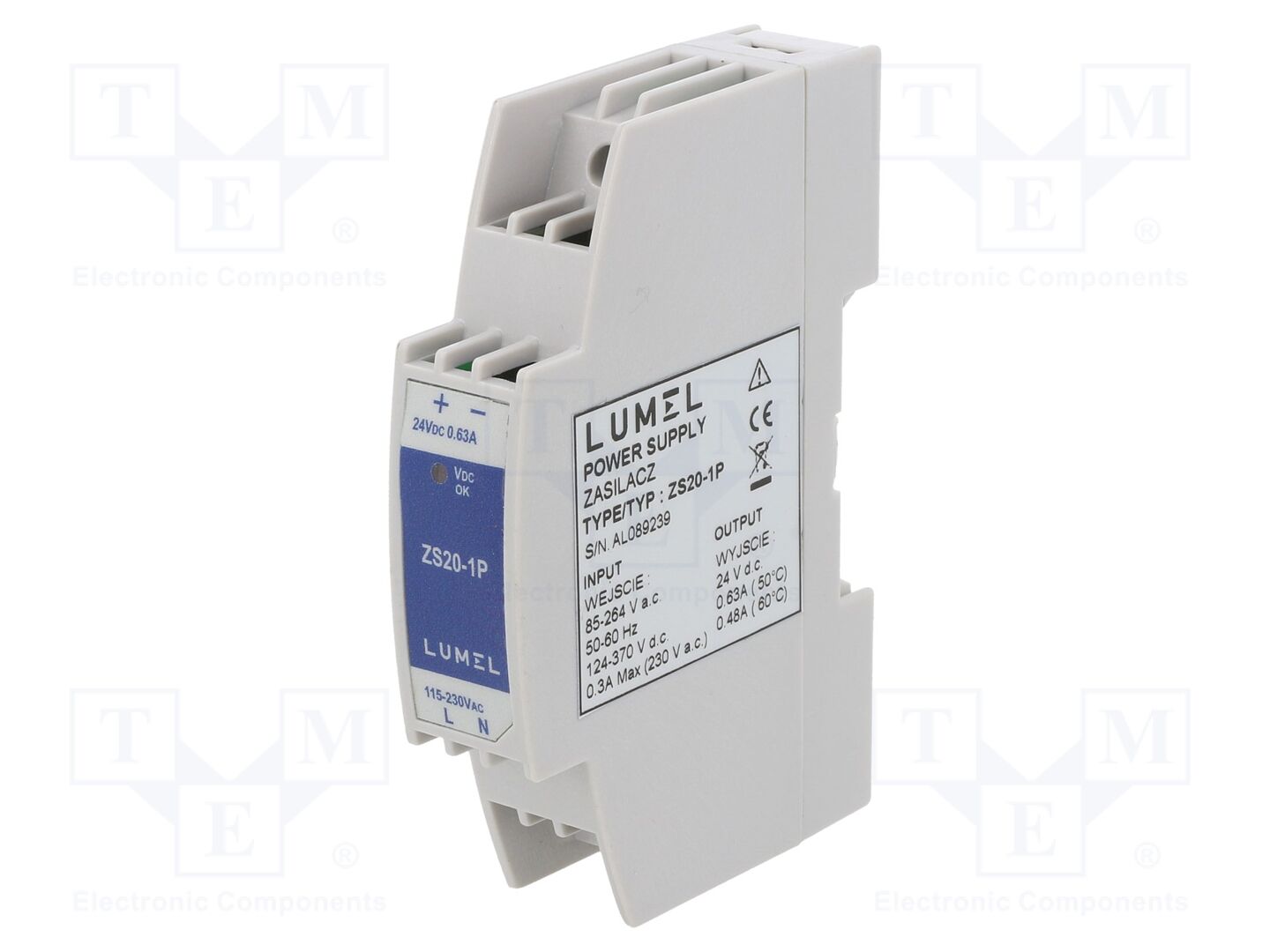LUMEL ZS20-1P DIN-kiskoon asennettava kytkentävirtalähde 24VDC 630mA