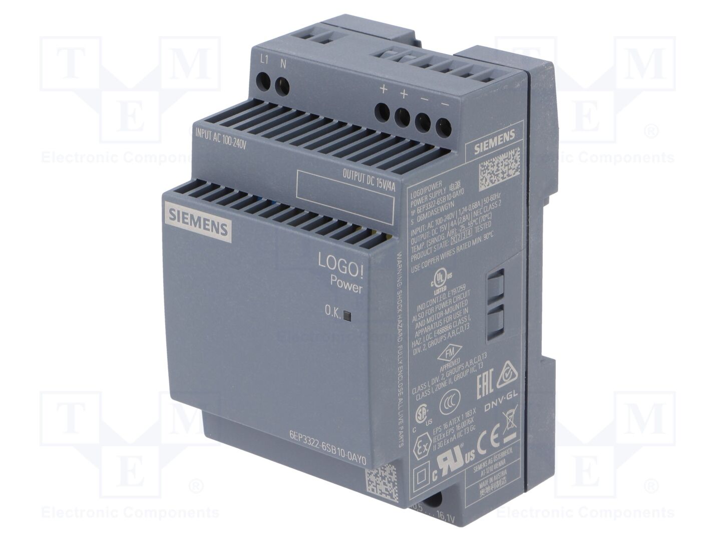 SIEMENS 6EP3322-6SB10-0AY0 DIN-kiskoon asennettava kytkentävirtalähde 60W 15VDC 4A