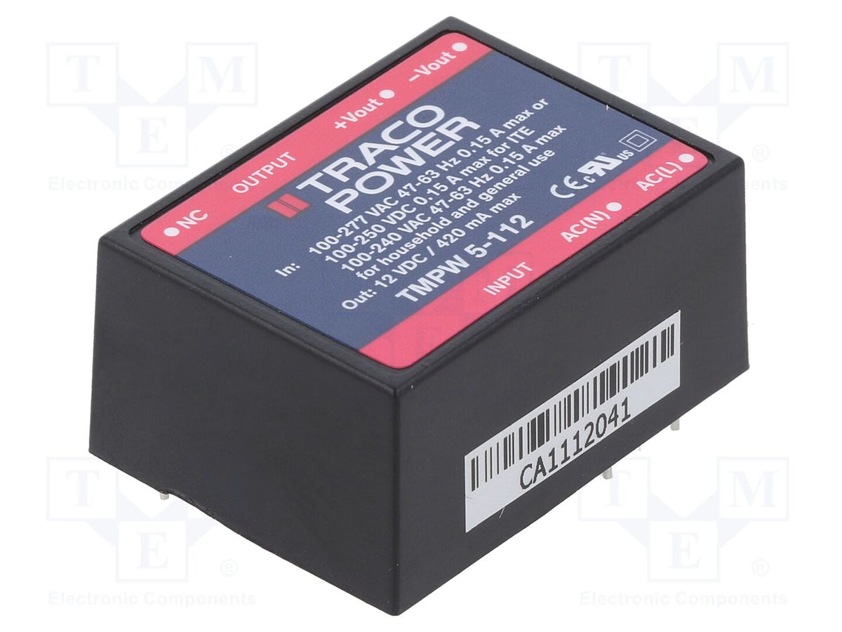 TRACO POWER TMPW5-112 Sisäänrakennettu kytkentäsähkönsyöttö 5W 12VDC