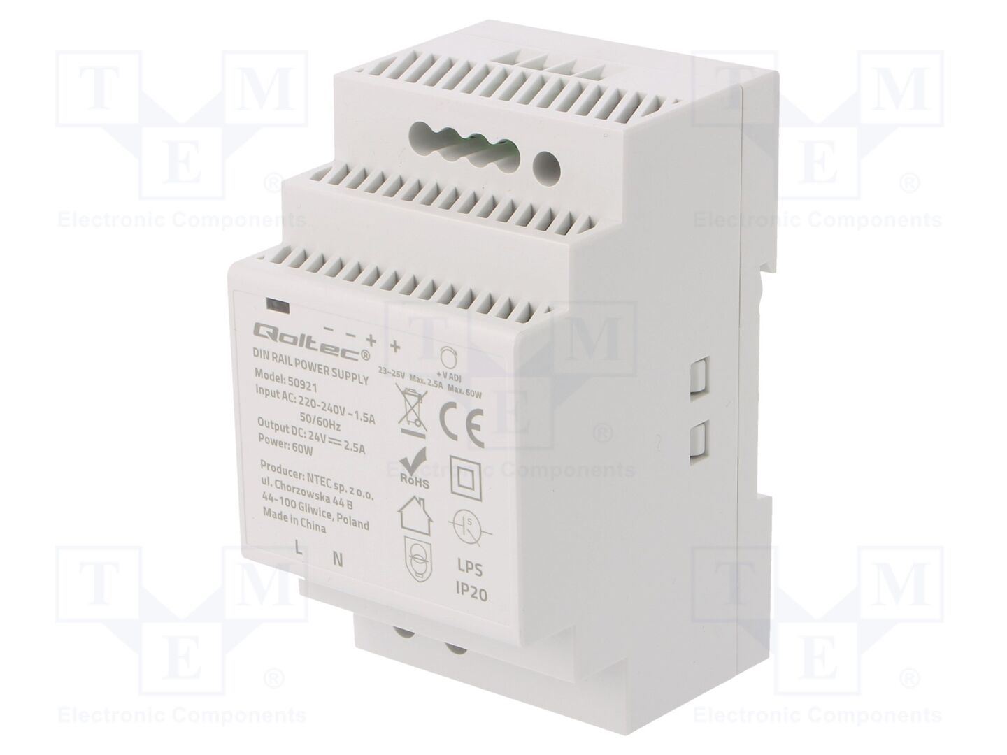 QOLTEC 50921 DIN-kiskoon asennettava kytkentäsähkölaite 60W 24VDC