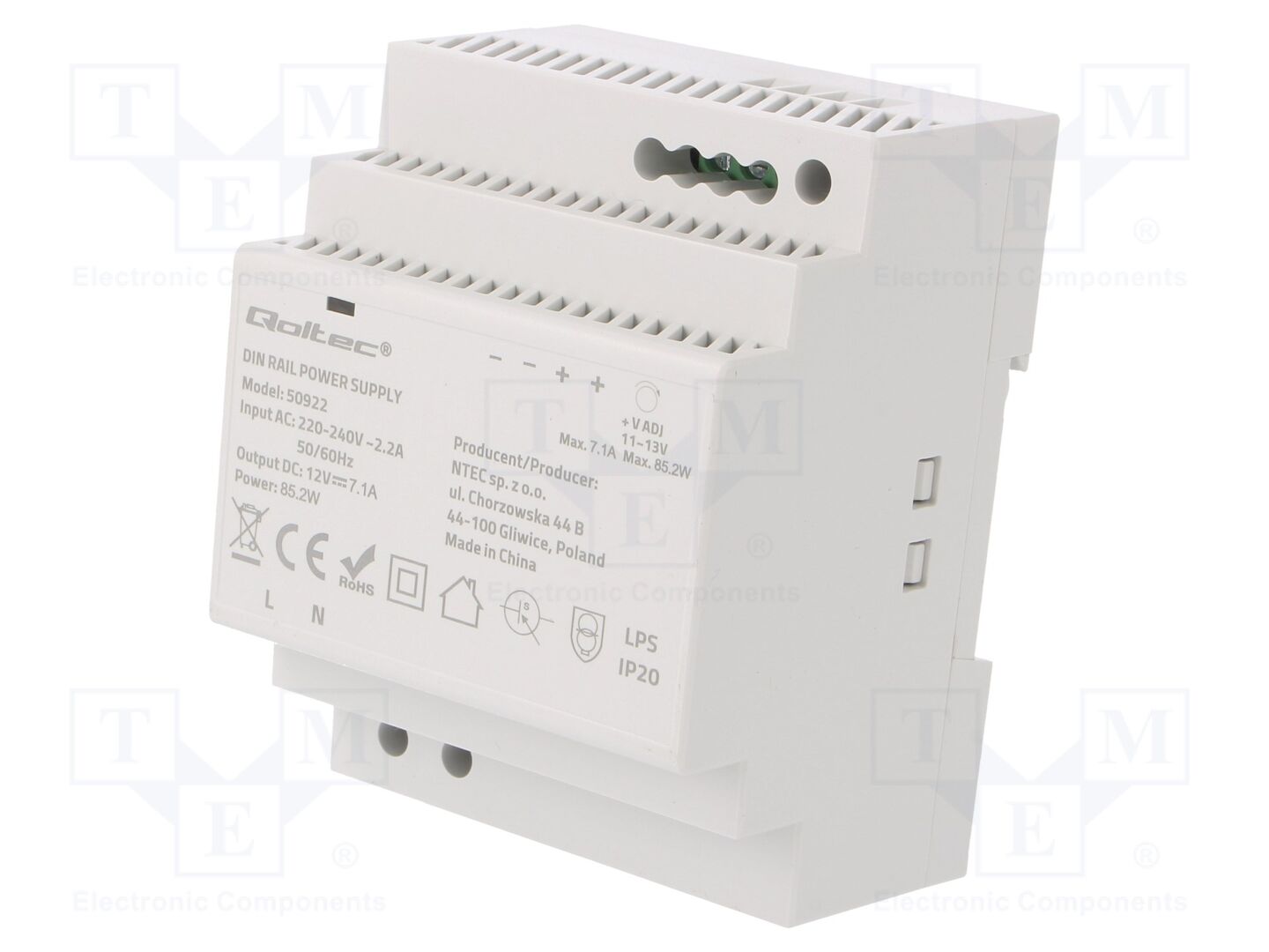 QOLTEC 50922 DIN-kiskoon asennettava kytkentävirtalähde 85W 12VDC 7.1A