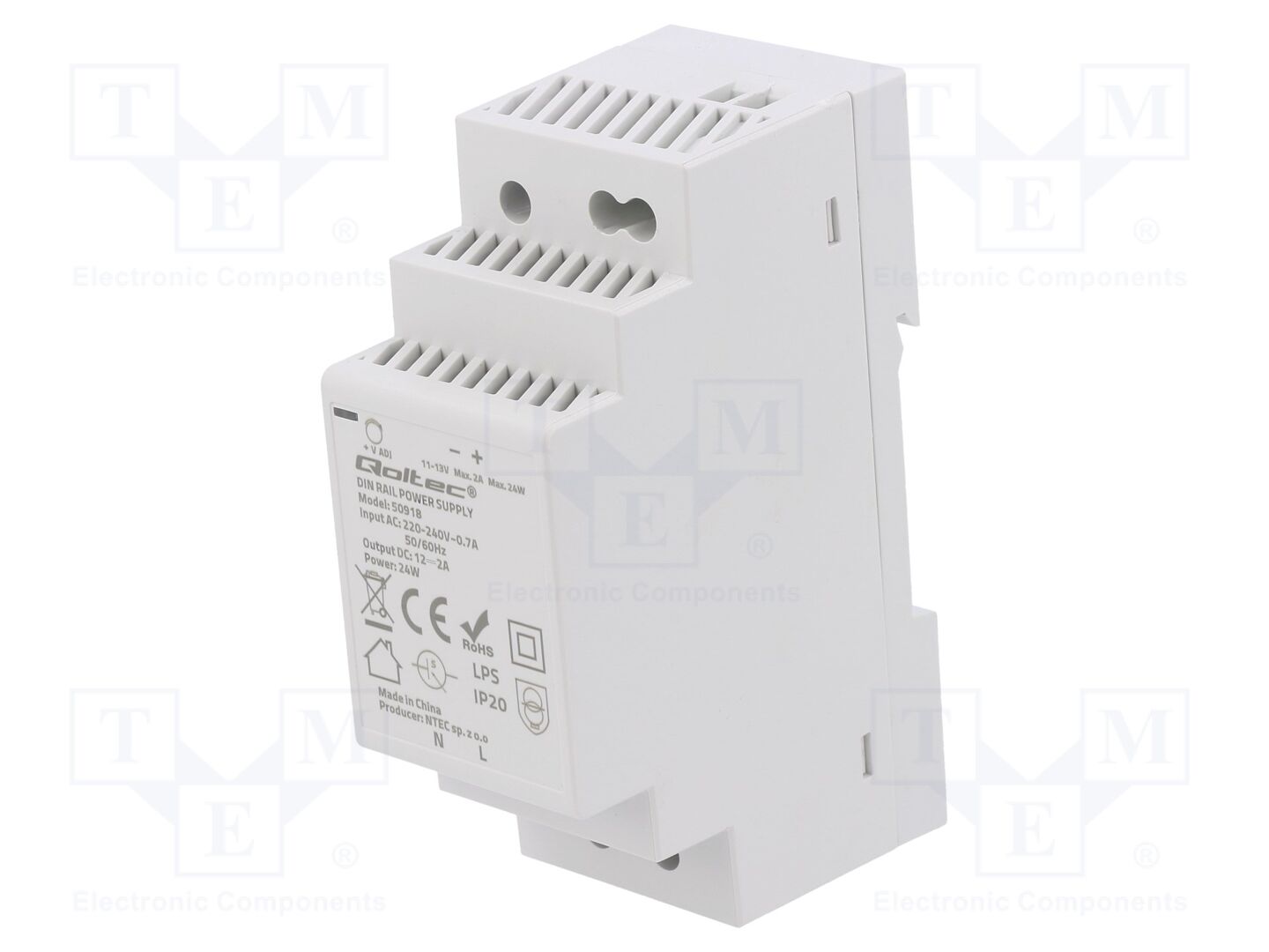 QOLTEC 50918 DIN-kiskoon asennettava kytkentävirtalähde 24W 12VDC 2A