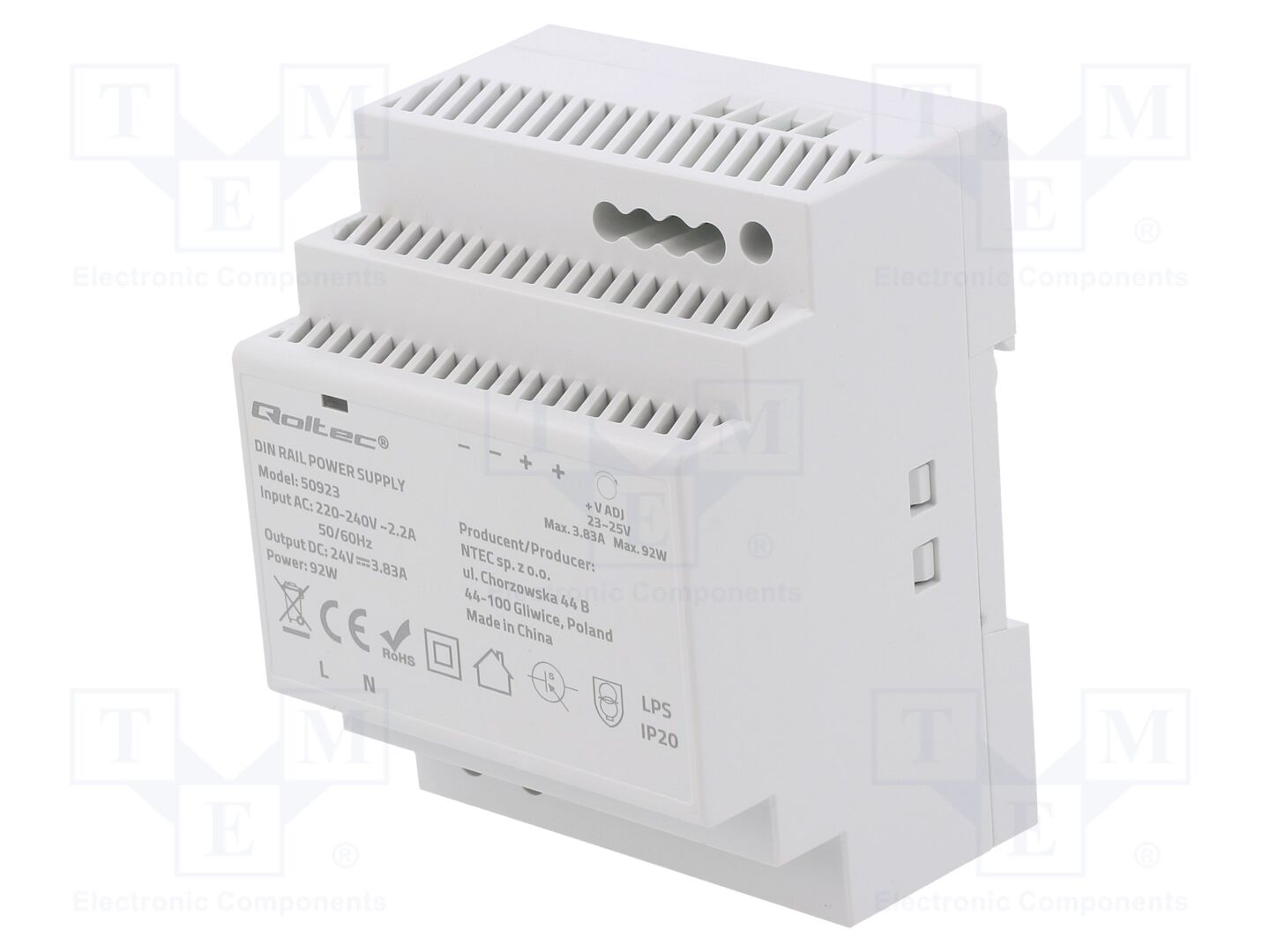 QOLTEC 50923 DIN-kiskoon kiinnitettävä kytkentävirtalähde 92W 24VDC 3.83A