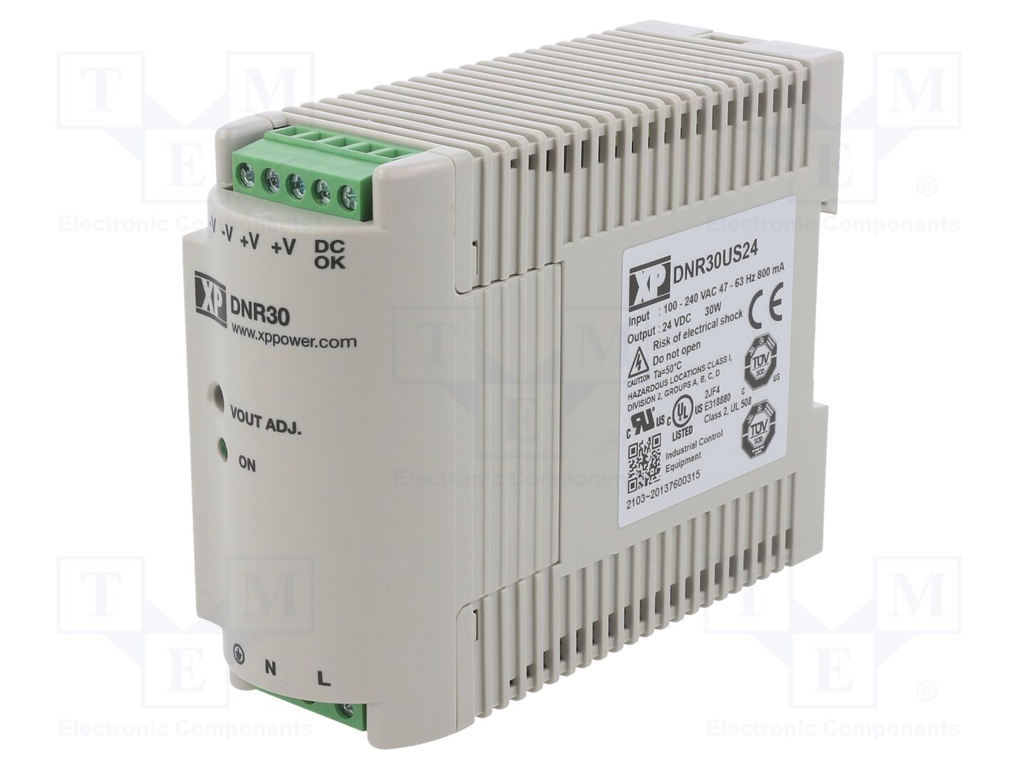 XP POWER DNR30US24 DIN-kiskoon asennettava kytkentäsähkönsyöttö 30W 24VDC