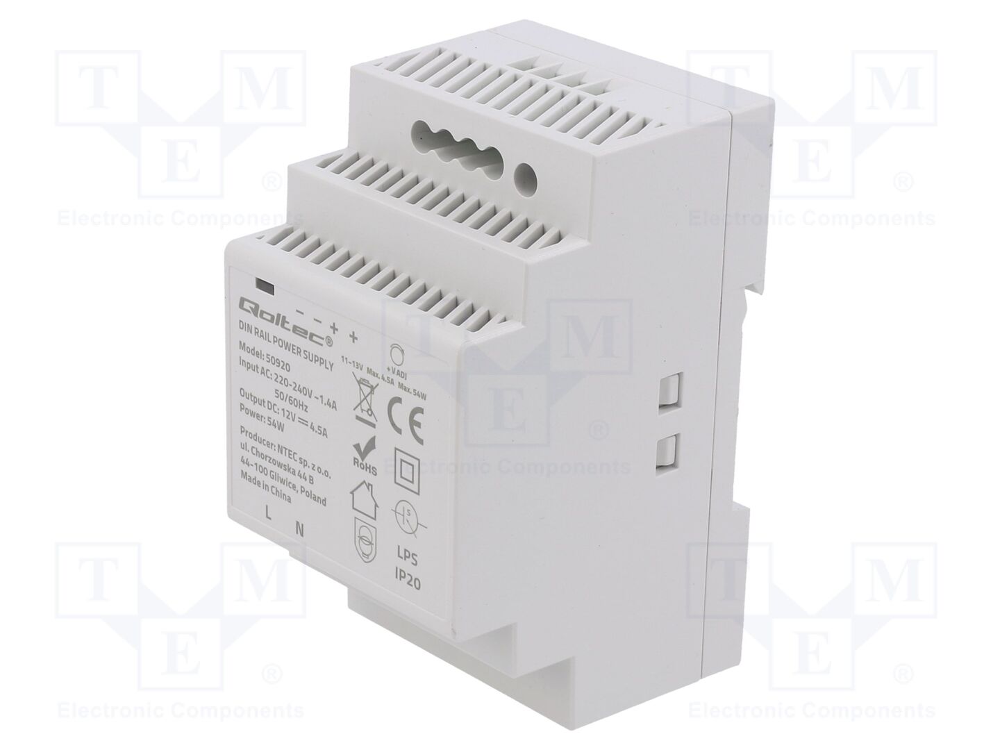 QOLTEC 50920 DIN-kiskoon asennettava kytkentäsähkölaite 54W 12VDC