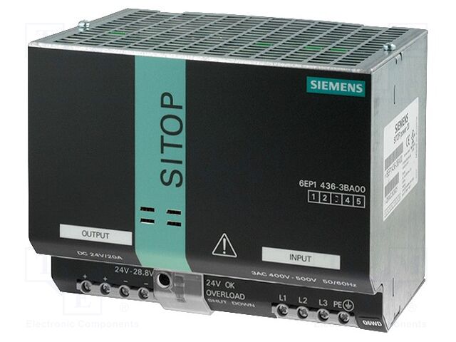 SIEMENS 6EP1436-3BA00 DIN-kiskoon asennettava kytkentävirtalähde 480W 24VDC 20A