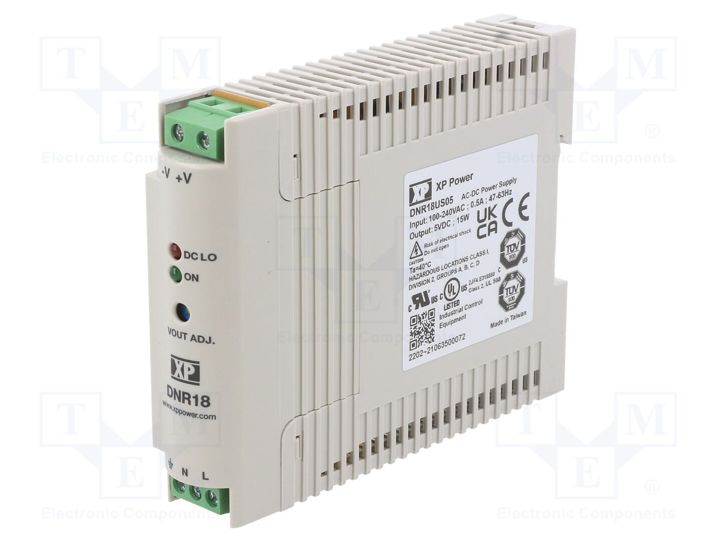 XP POWER DNR18US05 DIN-kiskoon asennettava kytkentäsähkönsyöttö 18W 5VDC 3A