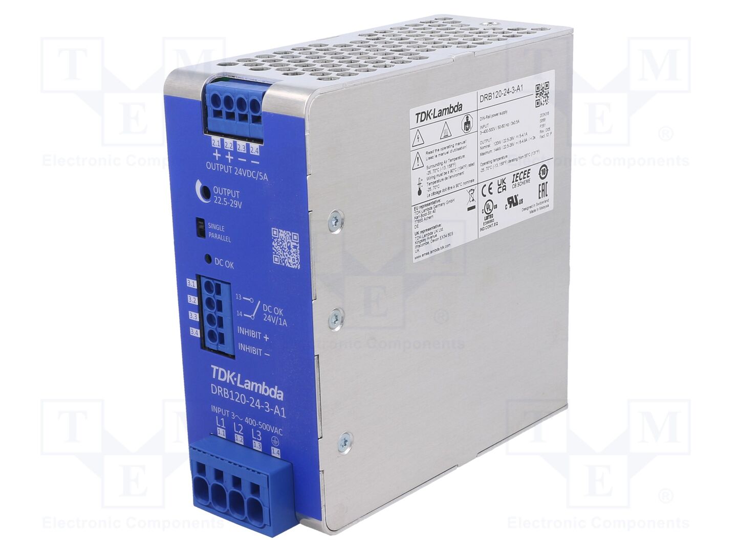 TDK-LAMBDA DRB120-24-3-A1 DIN-kiskoon asennettava kytkentävirtalähde 120W 24VDC