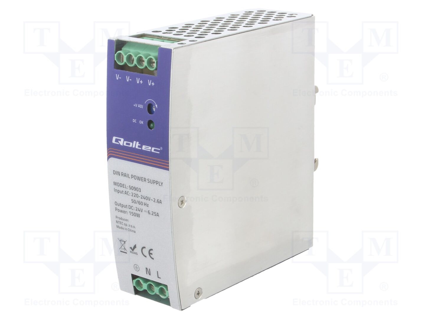 QOLTEC 50903 DIN-kiskoon asennettava kytkentävirtalähde 150W 24VDC 6,25A