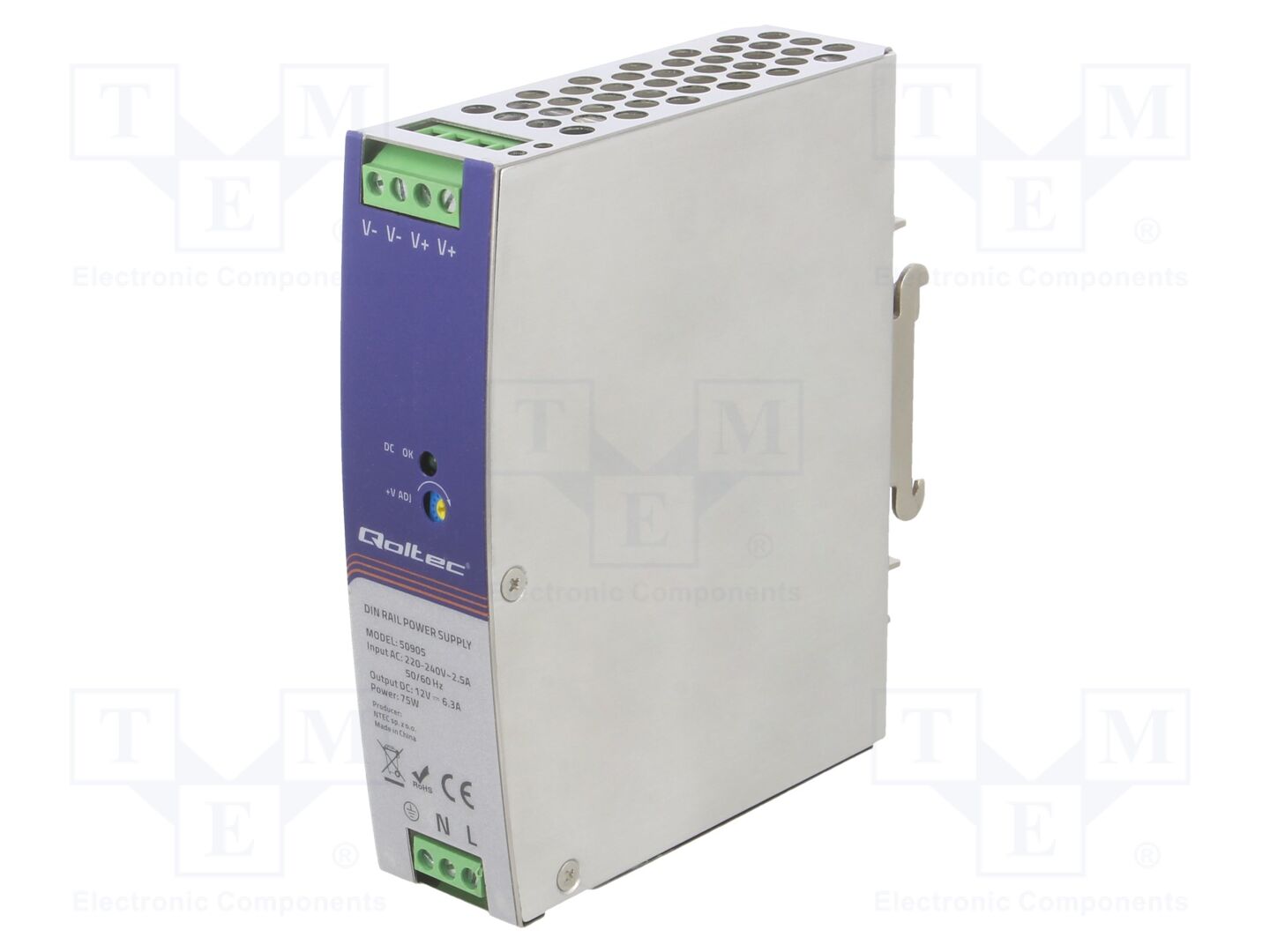 QOLTEC 50905 DIN-kiskoon asennettava kytkentävirtalähde 75W 12VDC 6,3A