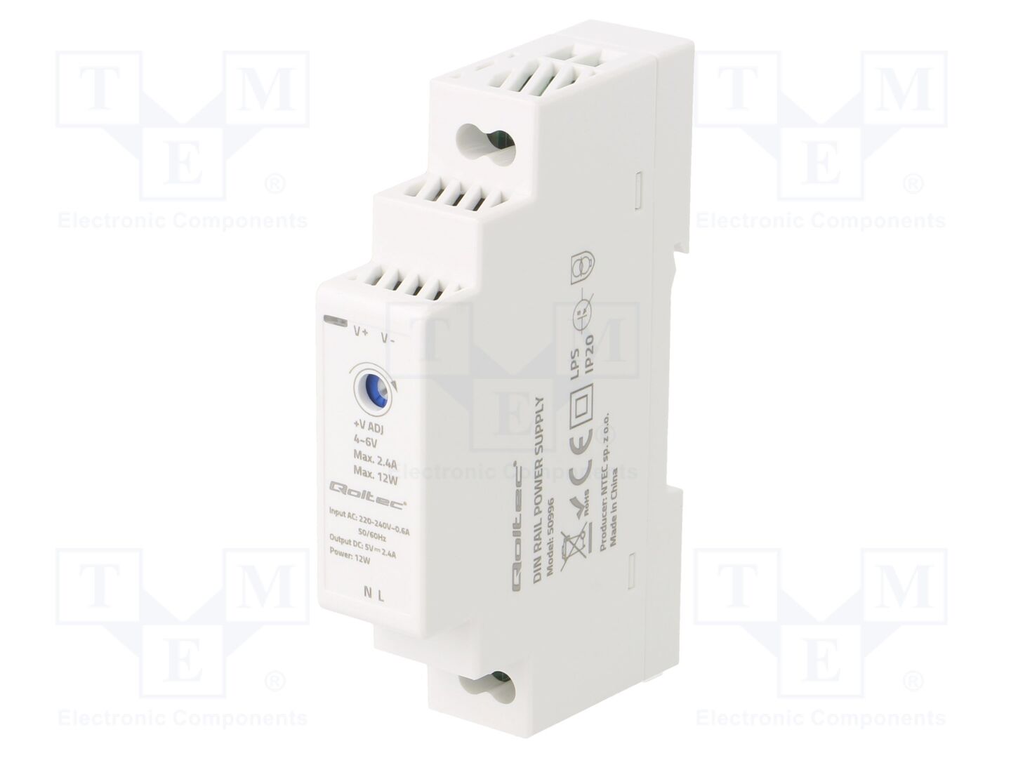 QOLTEC 50996 DIN-kiskoon asennettava kytkentäsähkönsyöttö 12W 5VDC 2.4A