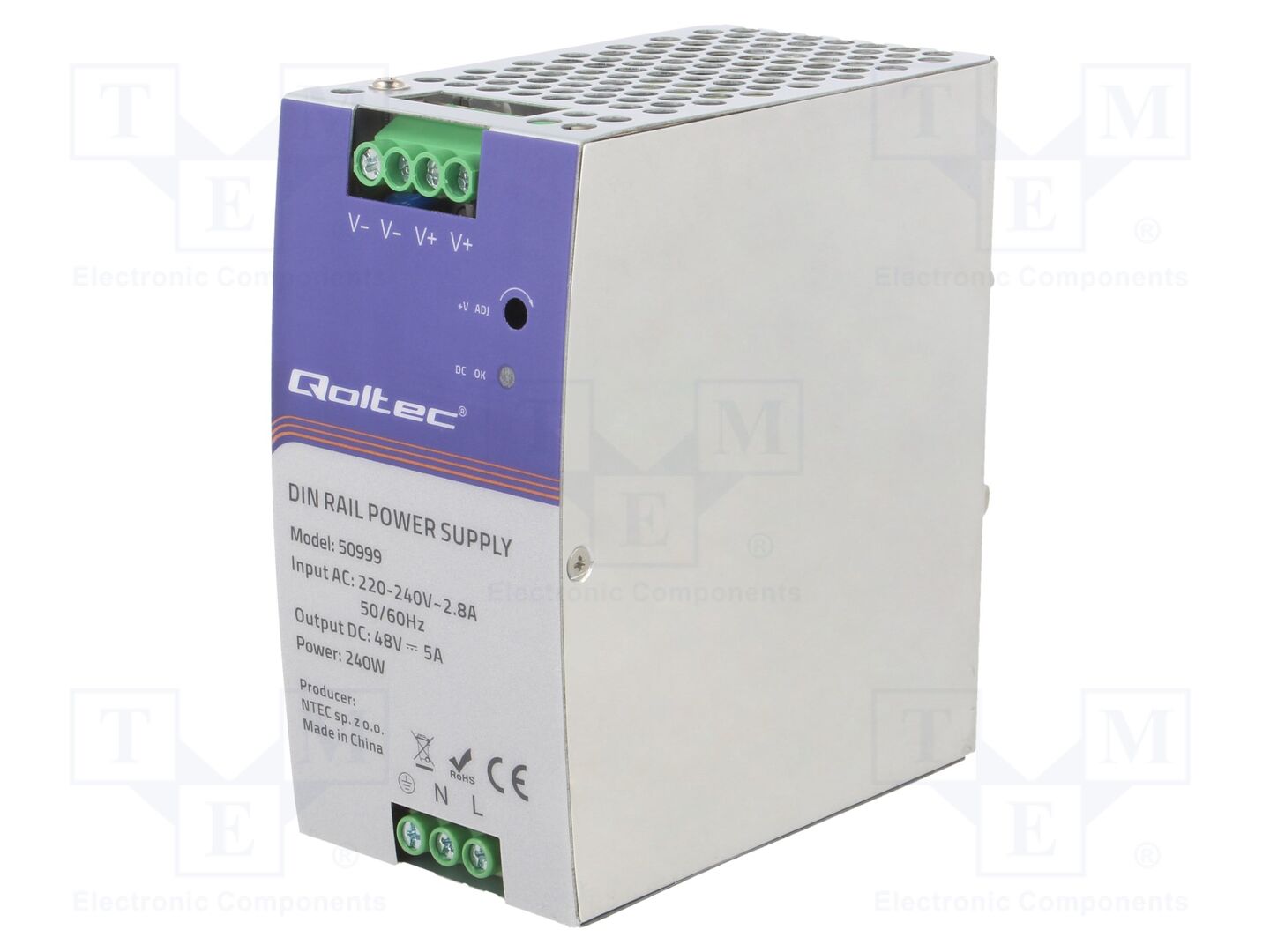 QOLTEC 50999 DIN-kiskolle asennettava kytkentävirtalähde 240W 48VDC 5A