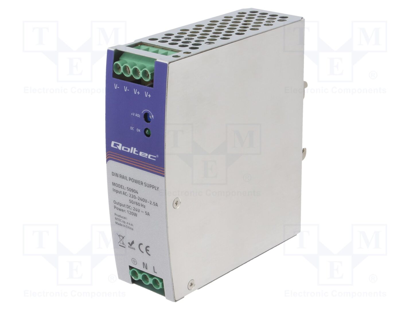 QOLTEC 50904 DIN-kiskoon asennettava kytkentävirtalähde 120W 24VDC 5A