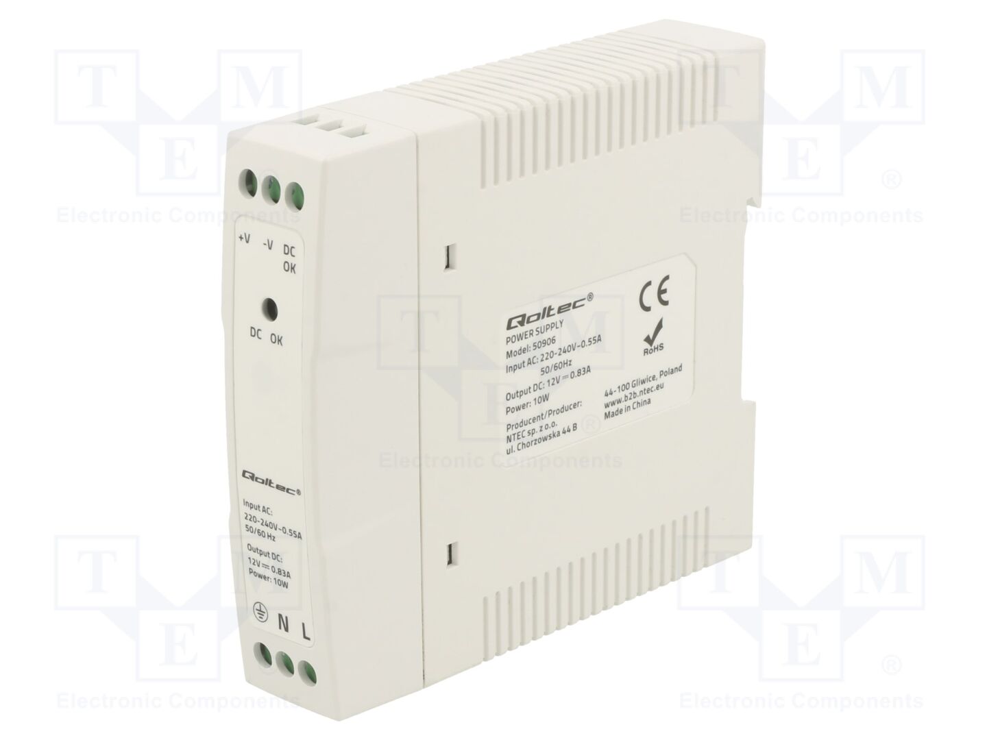 QOLTEC 50906 DIN-kiskoon asennettava kytkentävirtalähde 10W 12VDC