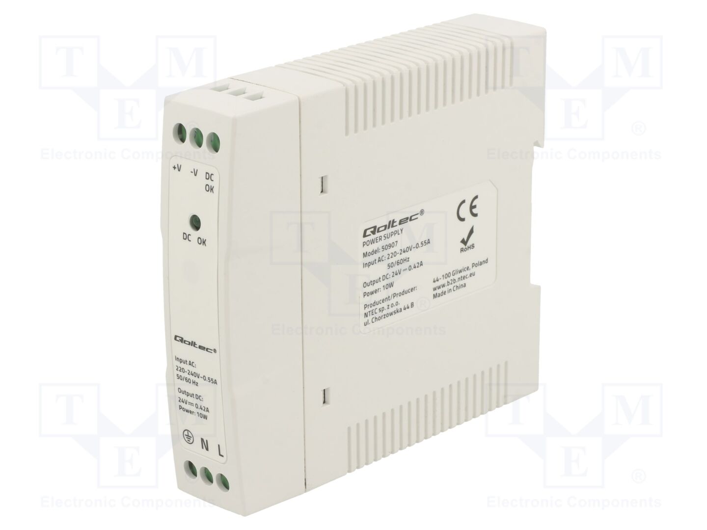 QOLTEC 50907 DIN-kiskoon asennettava kytkentäsähkönsyöttö 10W 24VDC