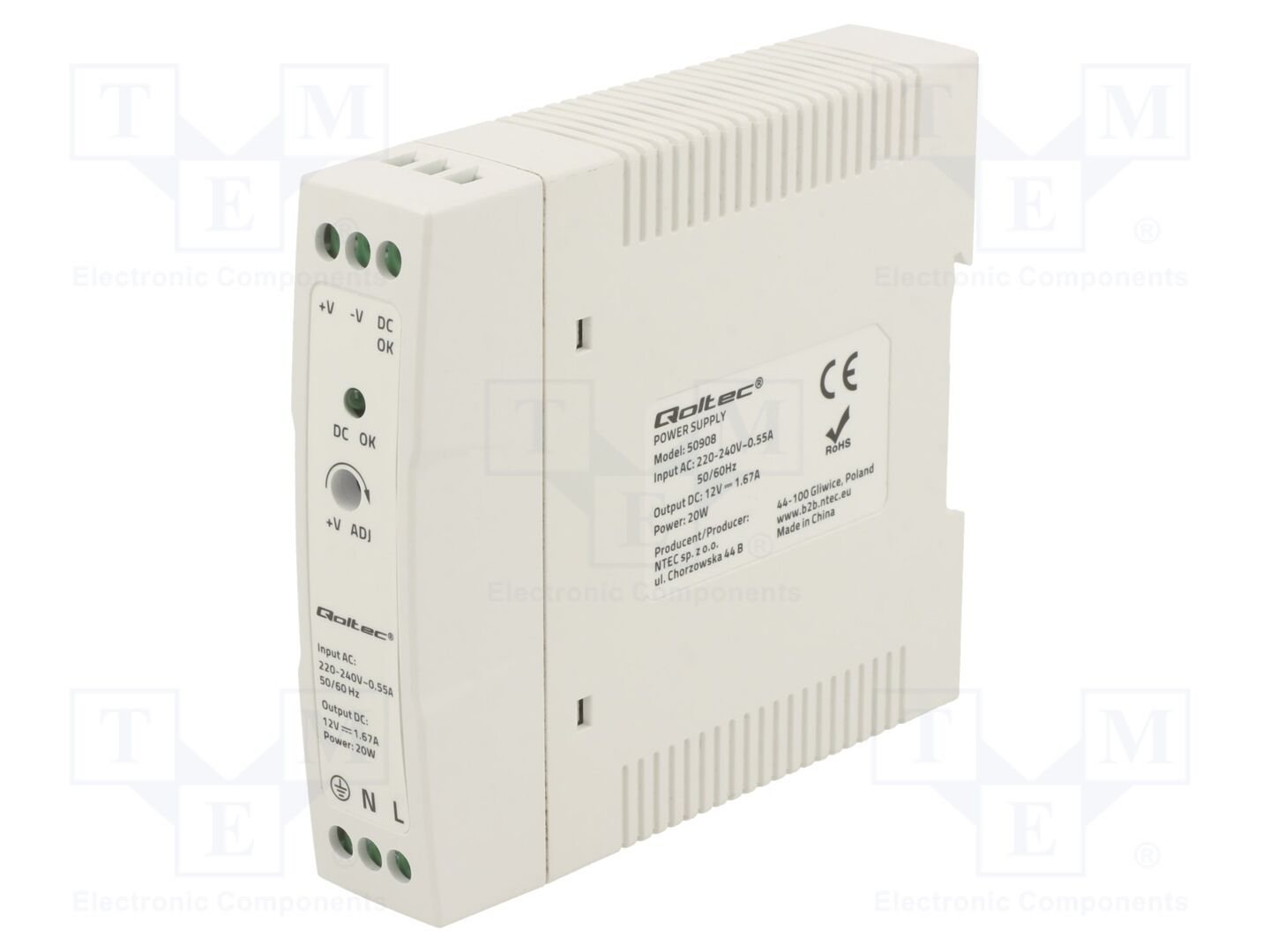 QOLTEC 50908 DIN-kiskoon asennettava kytkentäsähkönsyöttö 20W 12VDC