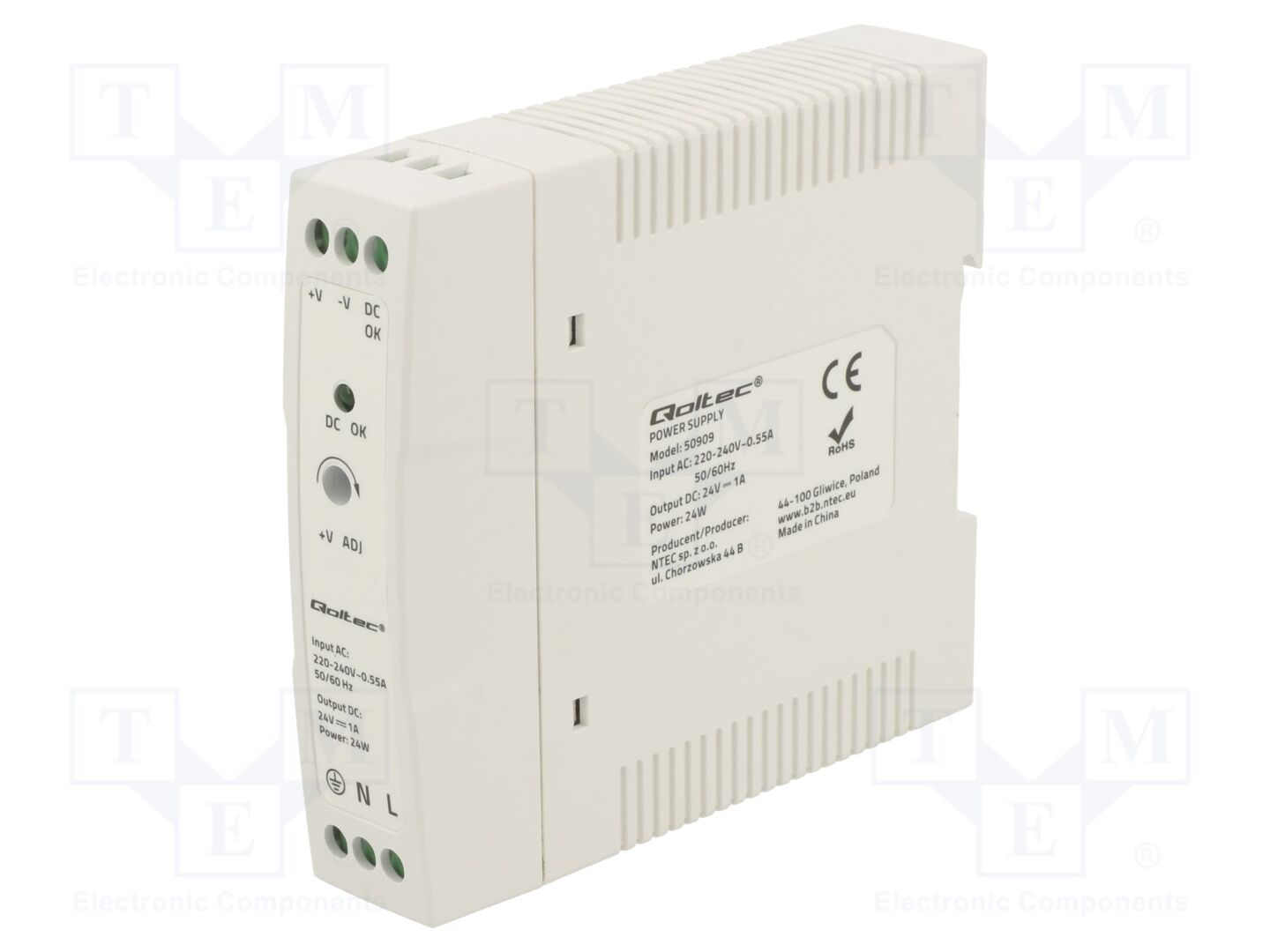 QOLTEC 50909 DIN-kiskoon asennettava kytkentävirtalähde 24W 24VDC 1A