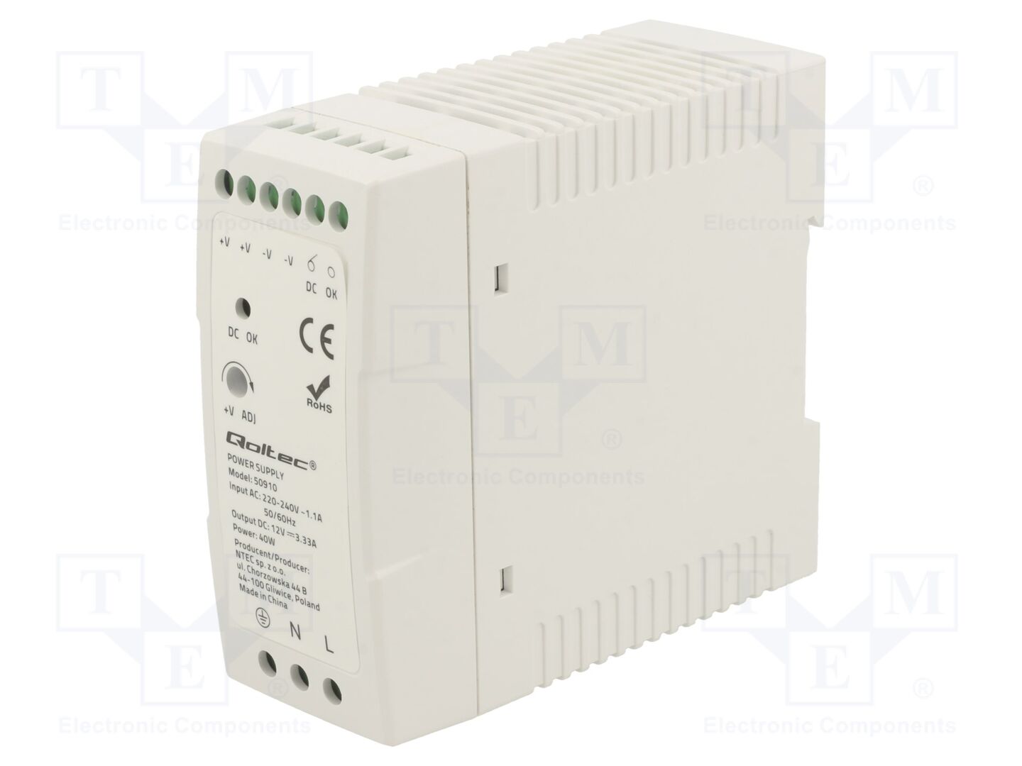 QOLTEC 50910 DIN-kiskoon kiinnitettävä kytkentävirtalähde 40W 12VDC