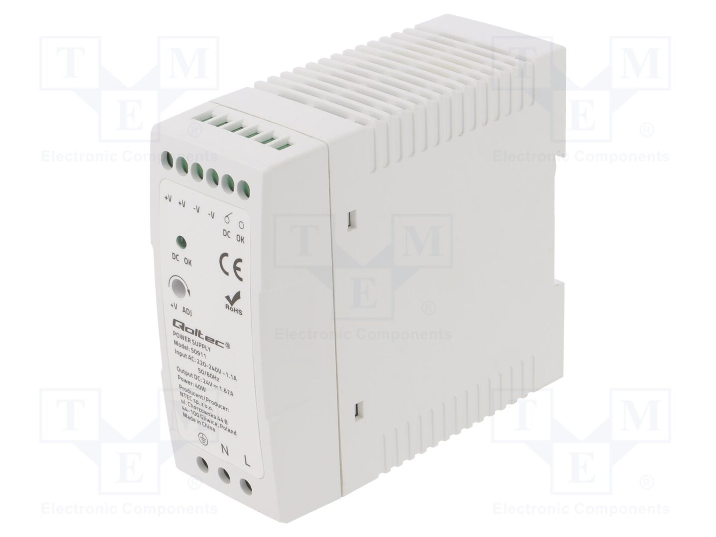 QOLTEC 50911 DIN-kiskoon asennettava kytkentäsähköinen virtalähde 40W 24VDC