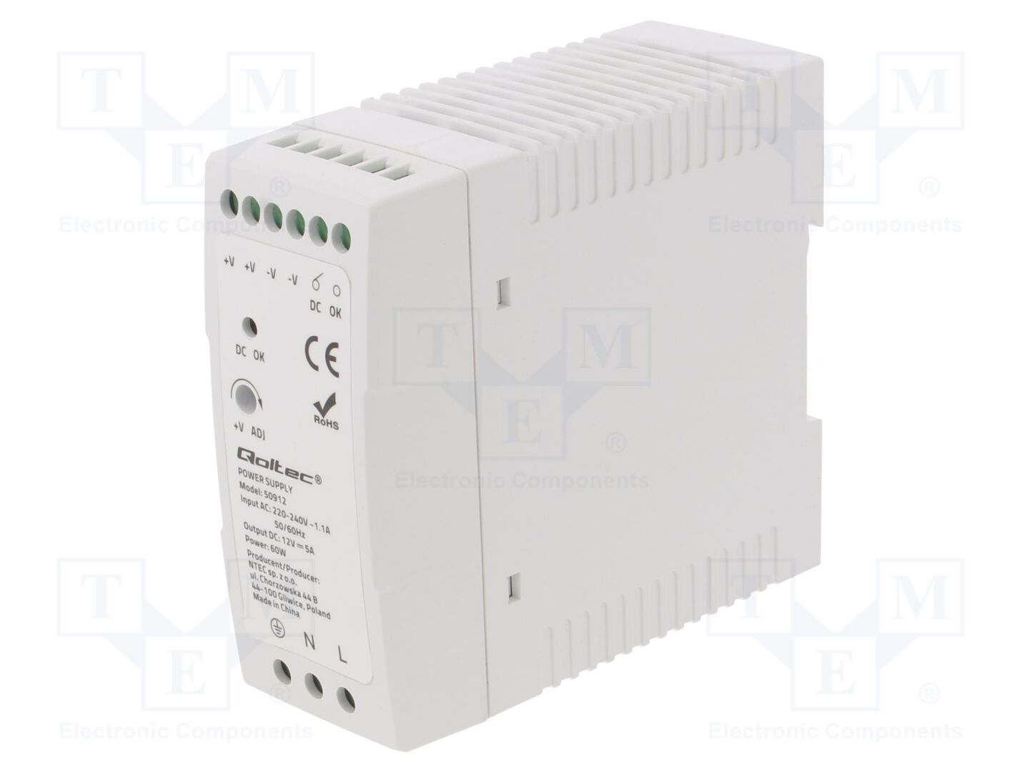 QOLTEC 50912 DIN-kiskoon asennettava kytkentäsähkönsyöttö 60W 12VDC 5A