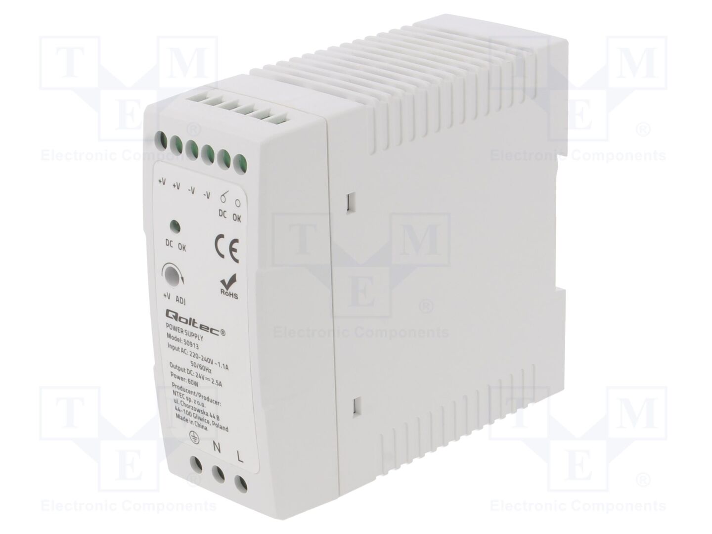 QOLTEC 50913 DIN-kiskoon asennettava kytkentävirtalähde 60W 24VDC